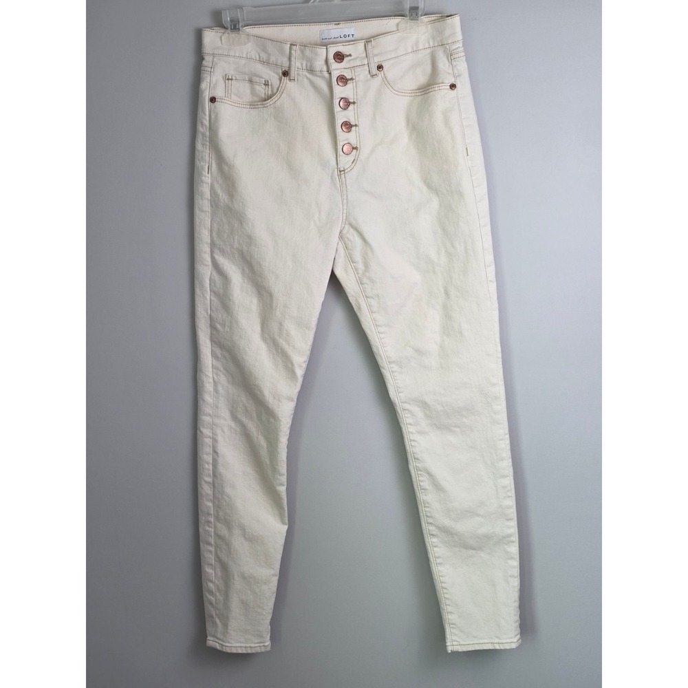 Loft High Waist Skinny Ankle Jeans 8 29 Cream Off White Button Fly Stretch Denim